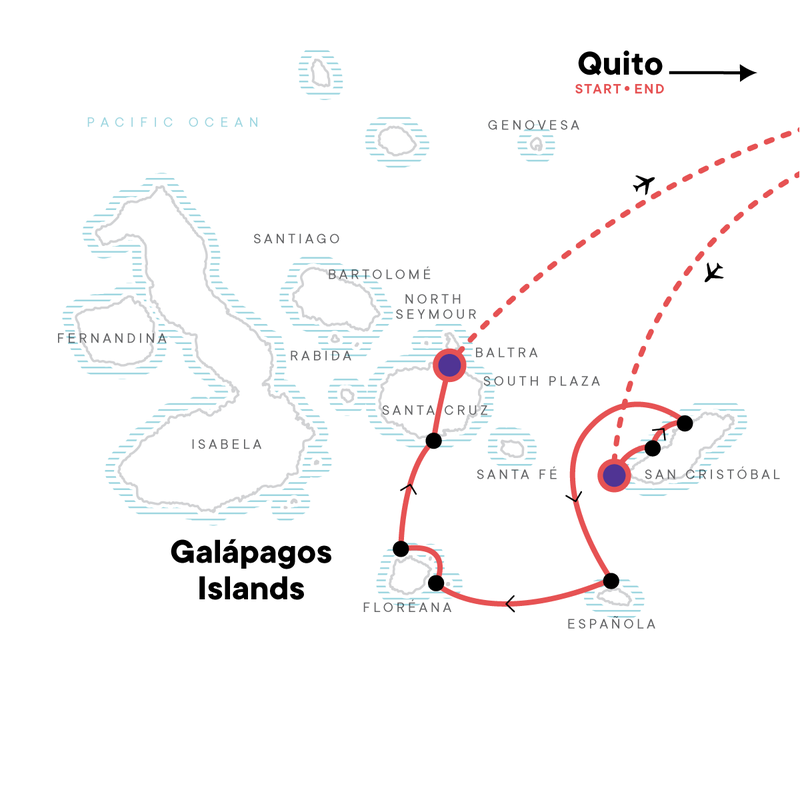 Map of the route for Galápagos — South & East Islands aboard the Monserrat