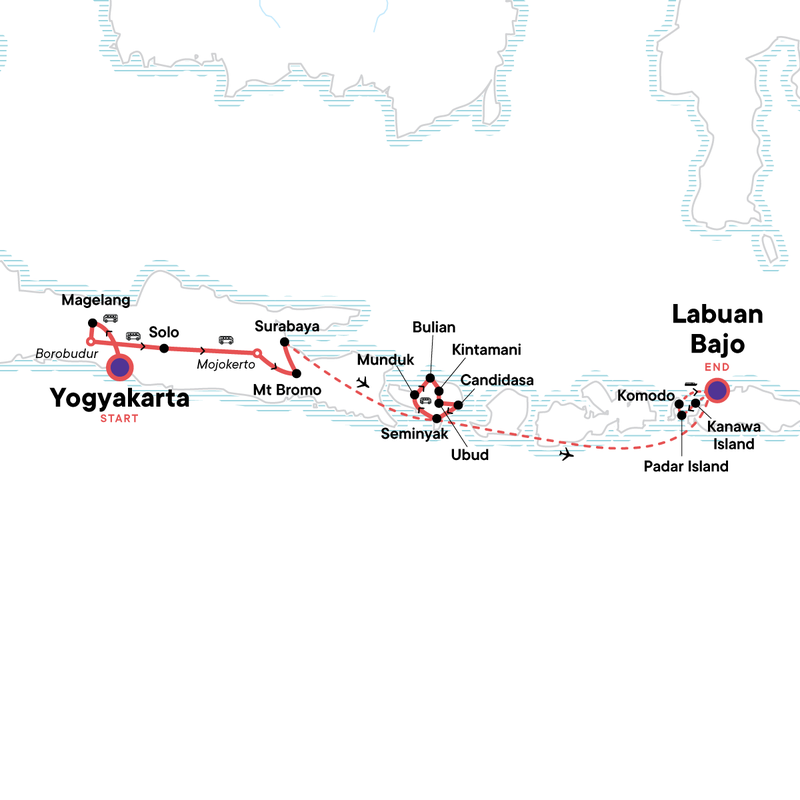 Map of the route for Indonesia: Java, Bali & Komodo Island