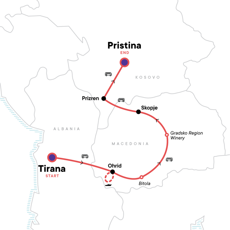 Map of the route for Kosovo & Macedonia Adventure: Tirana to Pristina