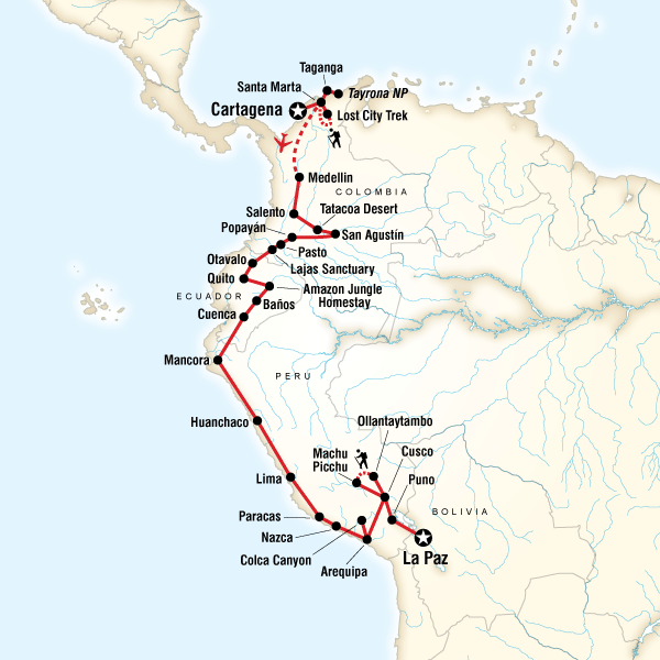 Map of the route for Colombia through the Andes–Cartagena to La Paz