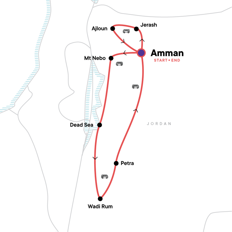 Map of the route for Explore Petra & Wadi Rum Independent Adventure