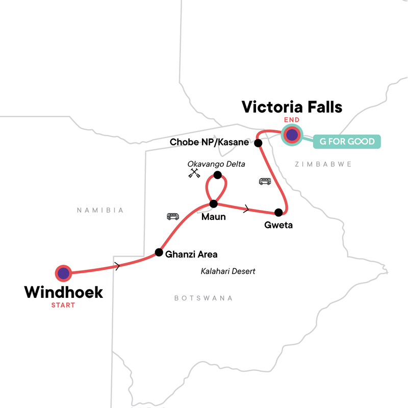 Map of the route for Delta & Falls Eastbound: Baobab Trees & River Views