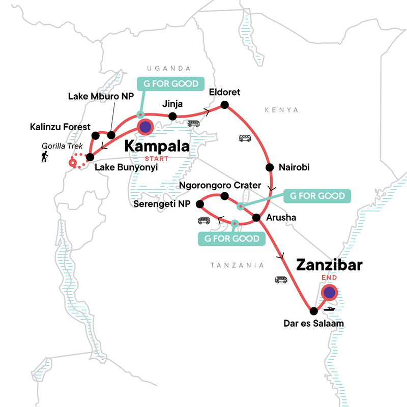 Map of the route for Uganda to Tanzania Overland Safari with Participation Camping