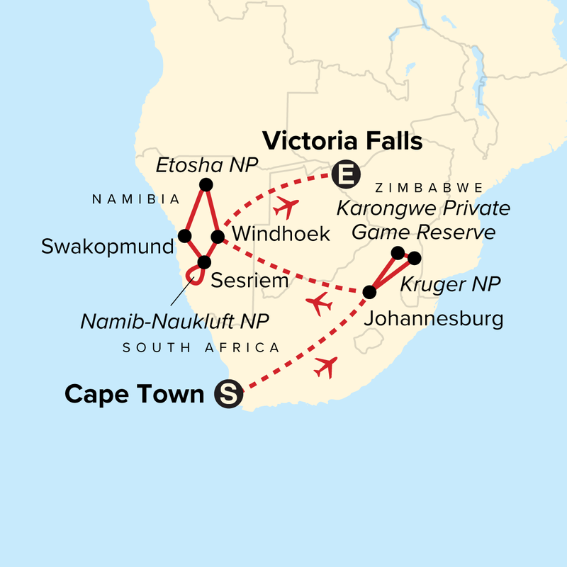 Map of the route for Journeys: Southern Africa Highlights