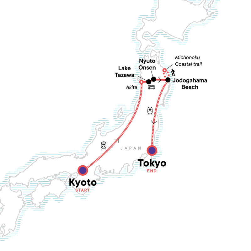 Map of the route for Japan: Kyoto, Tokyo & the Michinoku Coastal Trail