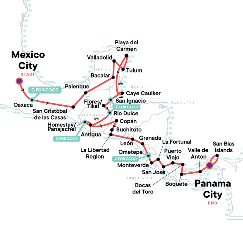Map of the route for Total Central America: Two Months of Wild