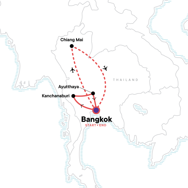 Map of the route for Upgraded Highlights of Thailand