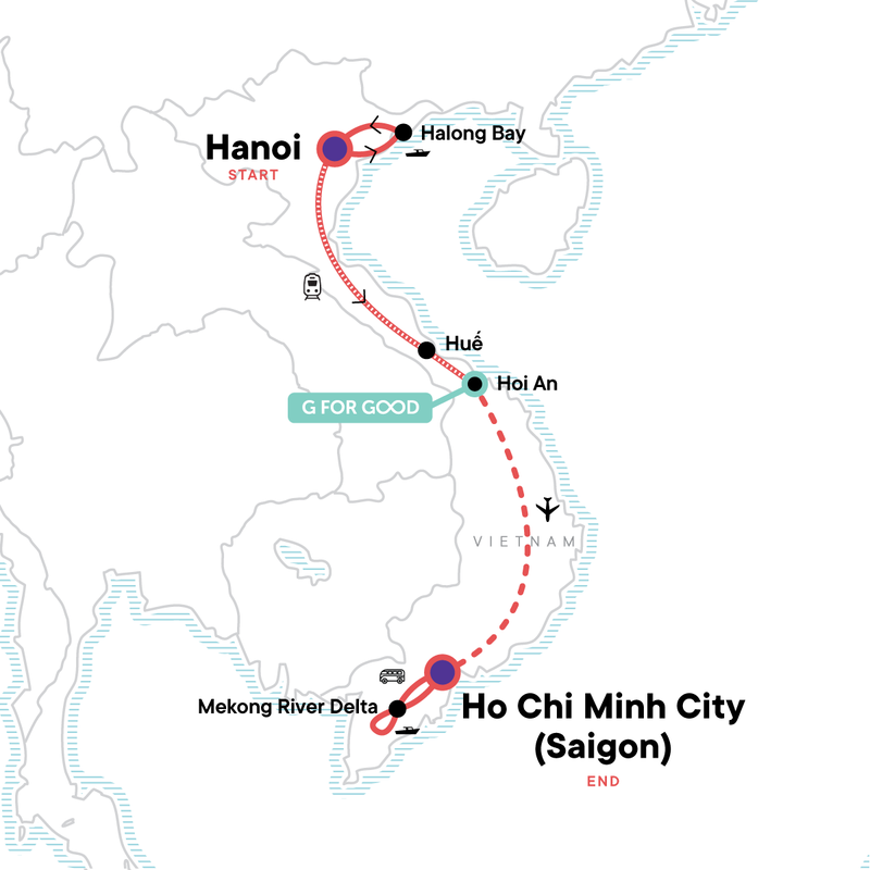 Map of the route for Classic Vietnam: Hanoi to the Mekong