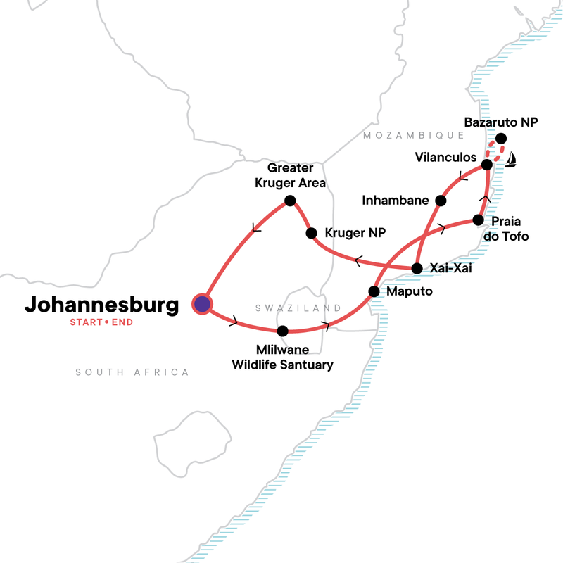 Map of the route for Mozambique, Kruger & Swazi Discoverer