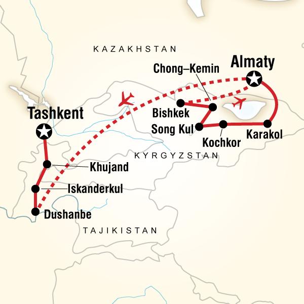 Map of the route for Central Asia Adventure – Almaty to Tashkent