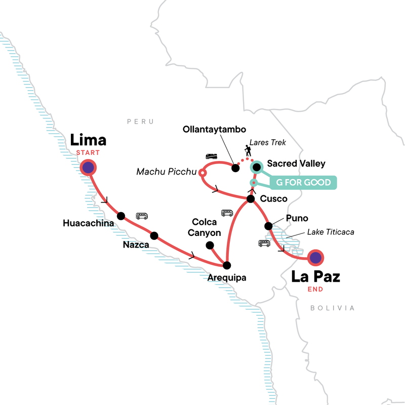 Map of the route for Lima to La Paz: Sandboarding & Sunsets