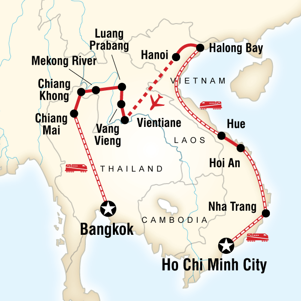 Map of the route for Vietnam, Laos & Thailand: Riversides & Railways