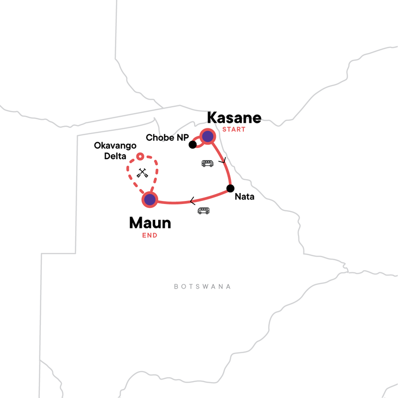 Map of the route for Complete Botswana: National Parks & Delta Wildlife