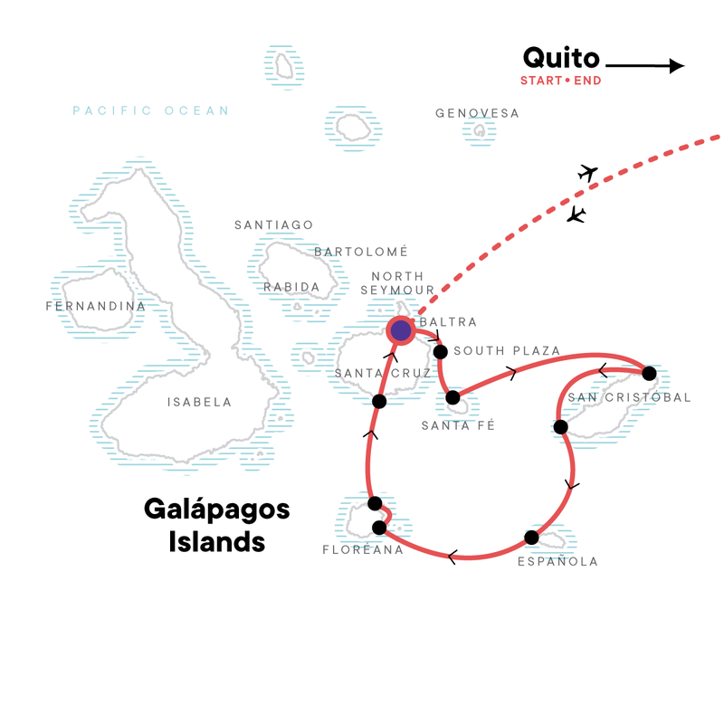 Map of the route for Galápagos — South & East Islands aboard the Monserrat