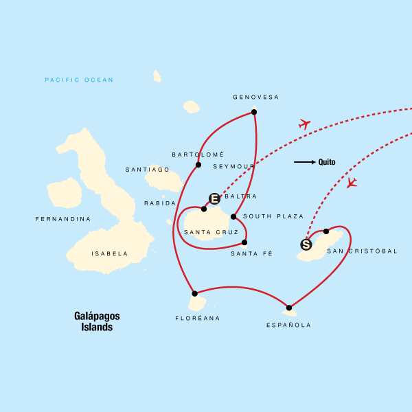 Map of the route for Galápagos — North, Central & South Islands aboard the Estrella del Mar