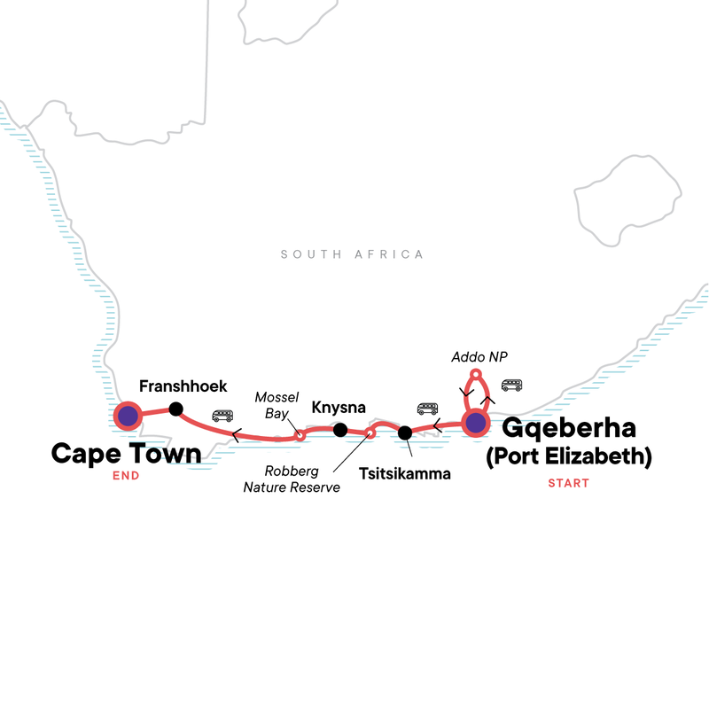 Map of the route for South Africa: The Garden Route