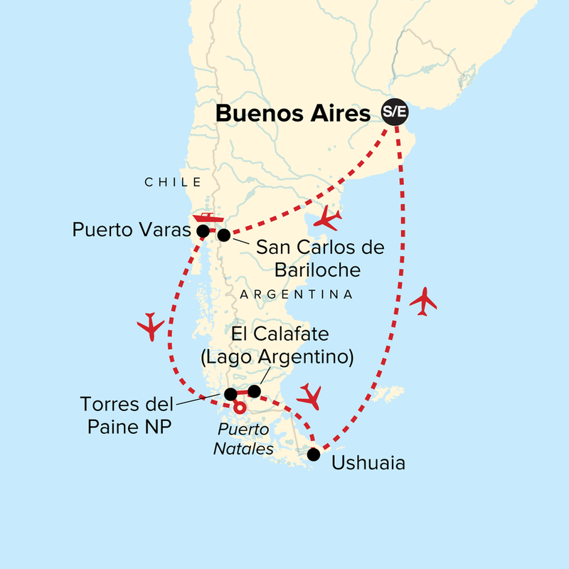 Map of the route for Journeys: Discover Patagonia