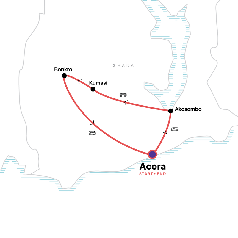 Map of the route for Ghana Classic Adventure: Cultural Festivals & National Parks