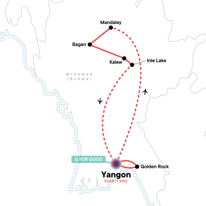 Map of the route for Classic Myanmar Adventure