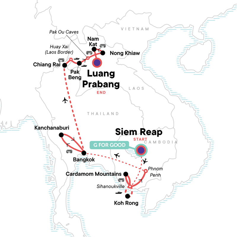 Map of the route for Southeast Asia: Bangkok, Laos & The Cardamom Mountains