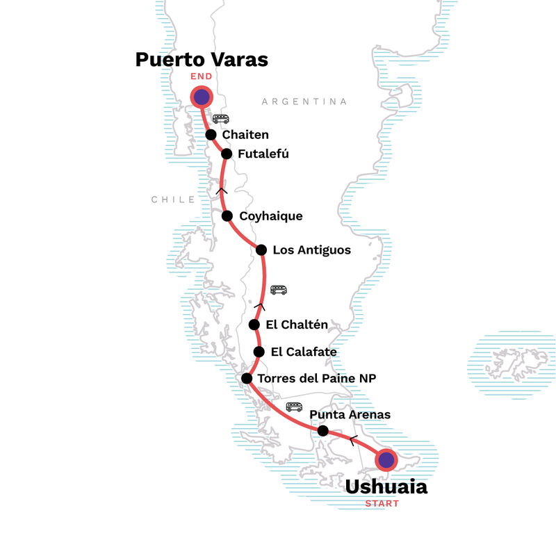 Map of the route for Lando South America: Ushuaia to Puerto Varas