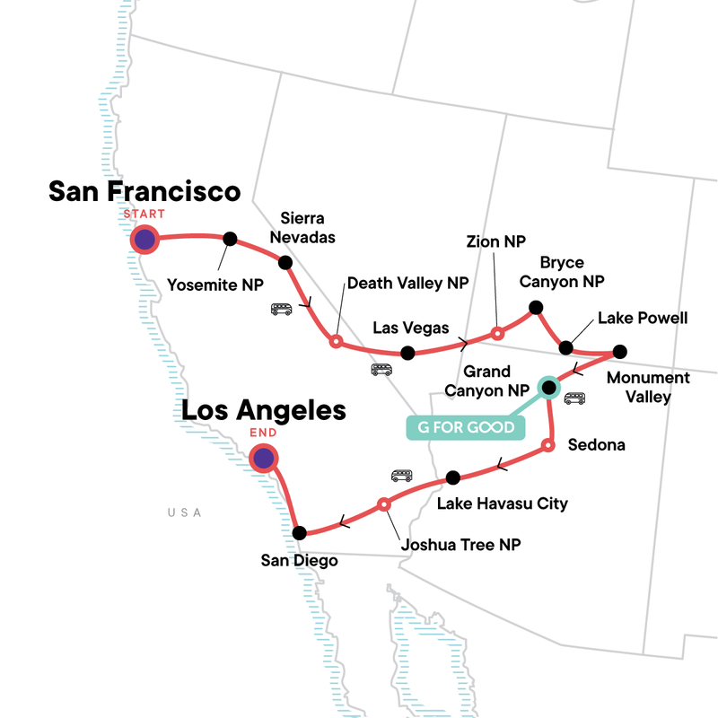 Map of the route for National Parks & Bright Lights