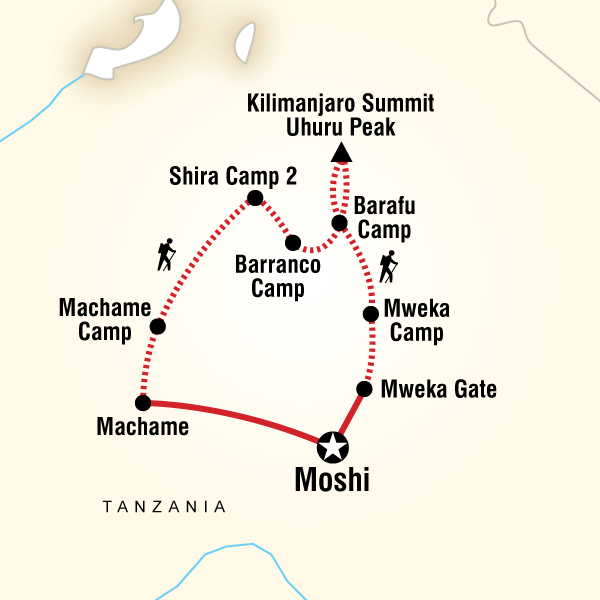 Map of the route for Mt Kilimanjaro Trek - Machame Route (8 Days)
