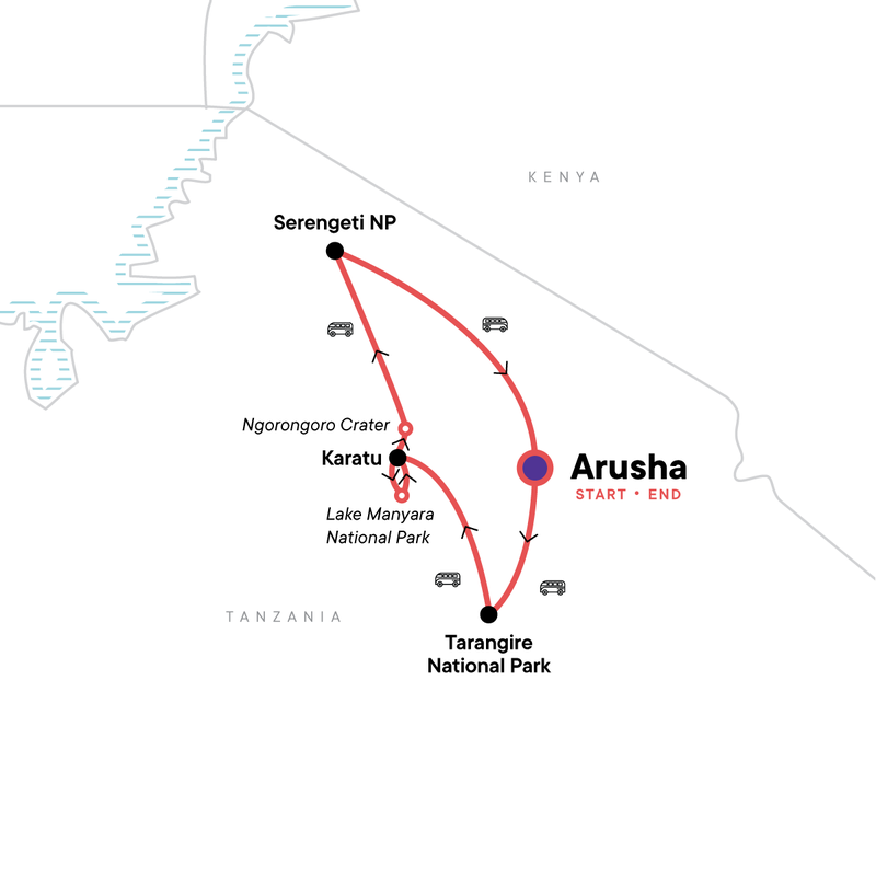 Map of the route for Tanzania Uncovered: Wildlife of the Serengeti & Ngorongoro Crater
