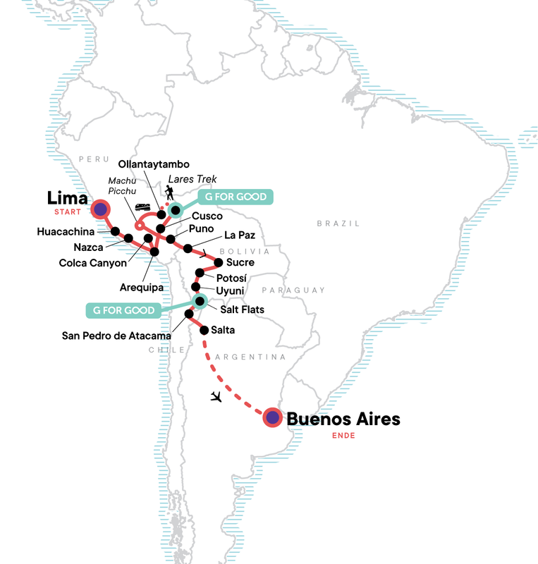 Map of the route for Lima to Buenos Aires: Deserts & Dancing