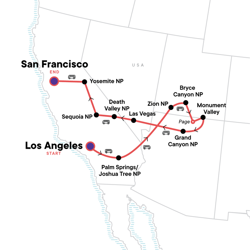 Map of the route for USA National Parks Explorer