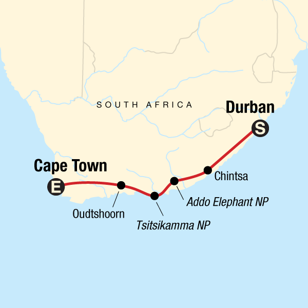 Map of the route for South Africa Overland: Sea Cliffs & Safari Drives