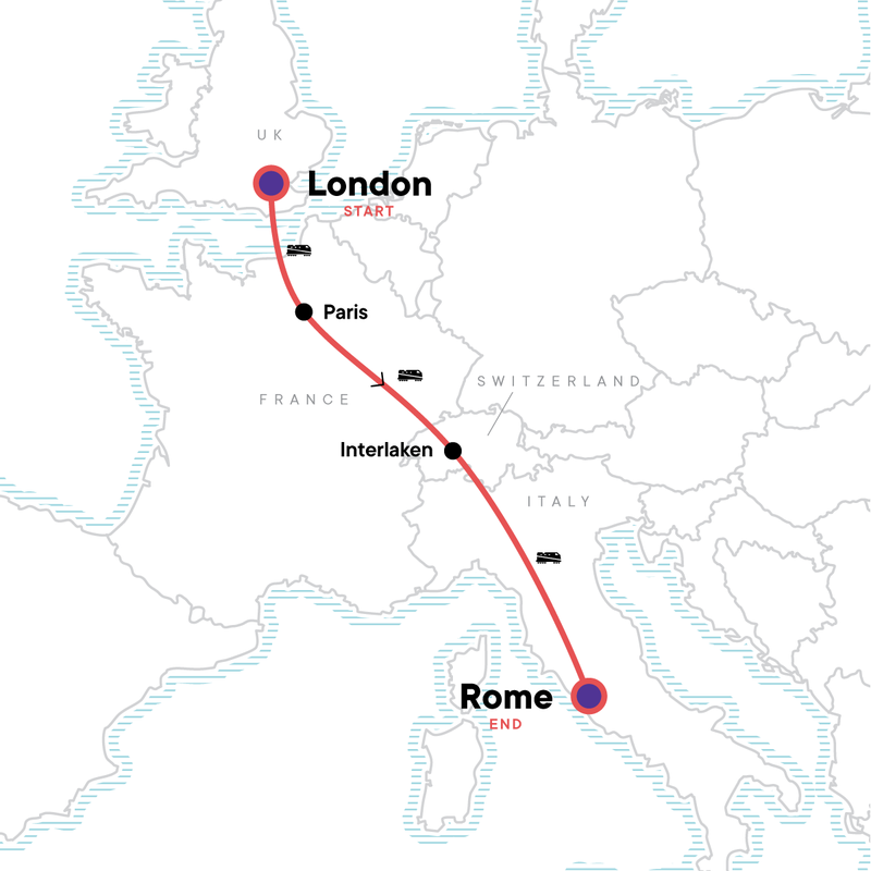 Map of the route for London to Rome: Picnics & Pizza