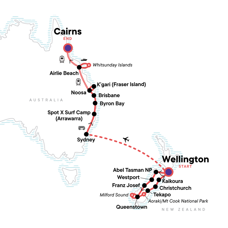 Map of the route for Australia and New Zealand: Surfing & National Parks