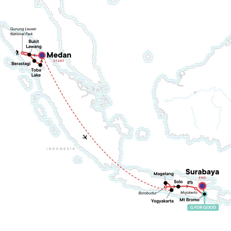 Map of the route for Highlights of Java & Sumatra