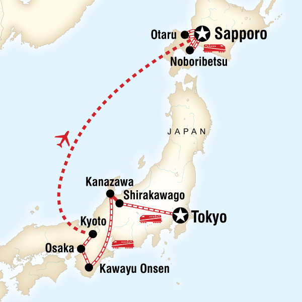 Map of the route for Sapporo Snow Festival & Japan Winter Highlights