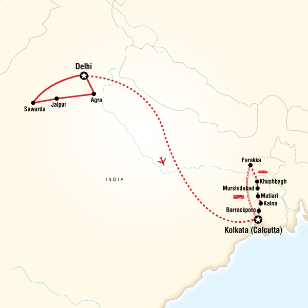 Map of the route for Explore North India & the Ganges