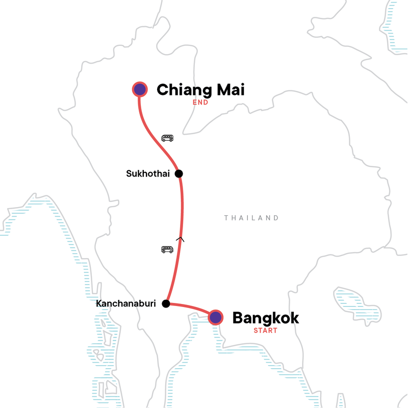 Map of the route for Northern Thailand: Back Roads Bangkok to Chiang Mai — Plus