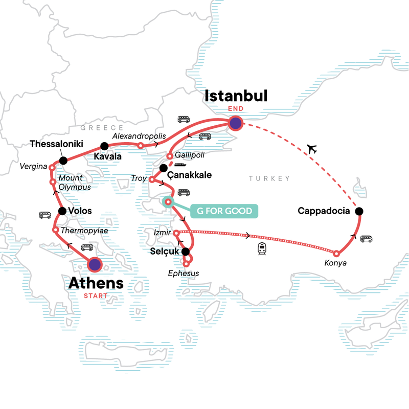 Map of the route for Highlights of Northern Greece & Turkey