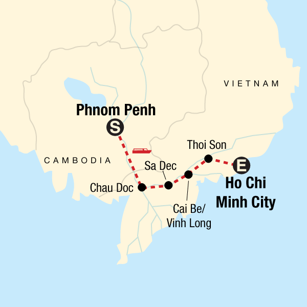 Map of the route for Mekong River Adventure – Phnom Penh to Ho Chi Minh City