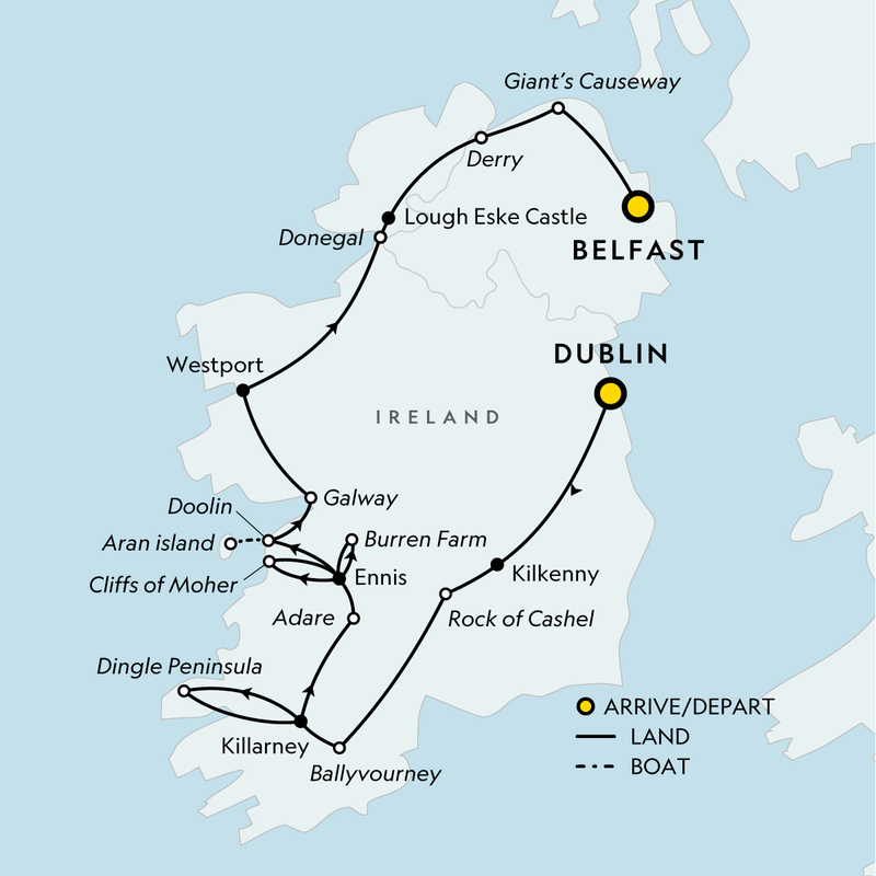 Map of the route for Signature: Ireland's Legendary Landscapes & Cities