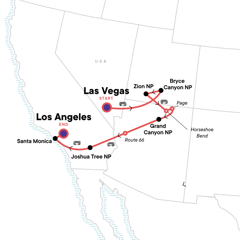 Map of the route for Southwest Road Trip: Zion, the Grand Canyon & Santa Monica Sunsets