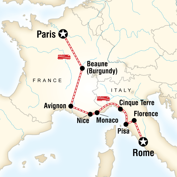 Map of the route for France & Italy Adventure