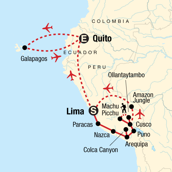 Map of the route for Absolute Peru & Galápagos Central Islands