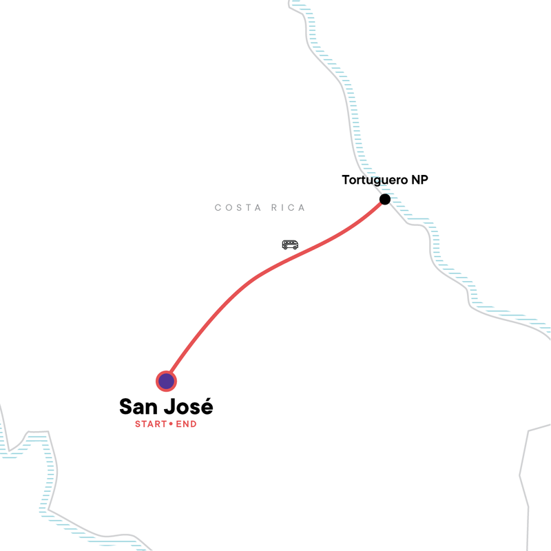 Map of the route for Tortuguero National Park Tour – 4-Day Independent Adventure