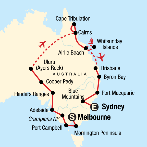 Map of the route for Best of the Red Centre & Eastern Australia