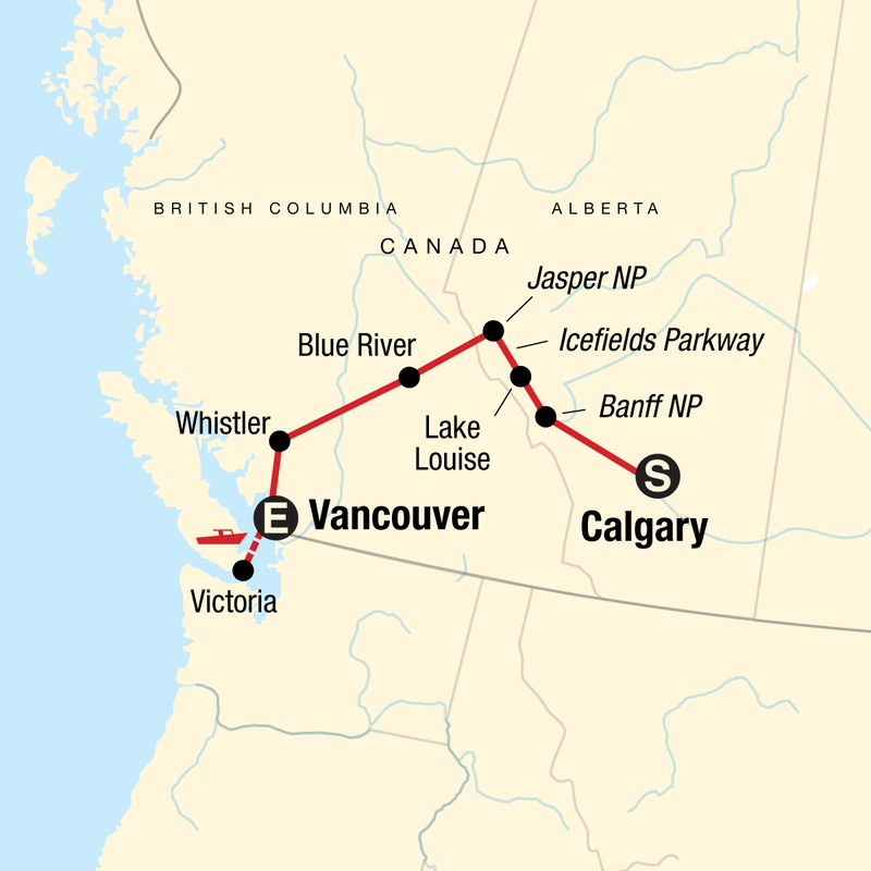 Map of the route for Discover the Canadian Rockies - Westbound