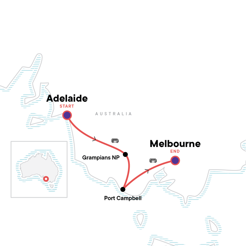 Map of the route for Great Ocean Road East: Adelaide to Melbourne