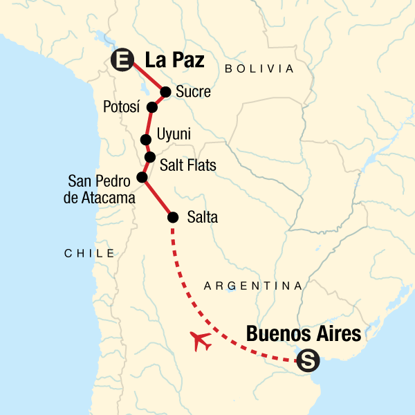 Map of the route for Buenos Aires to La Paz: Salt Flats & Sand Dunes