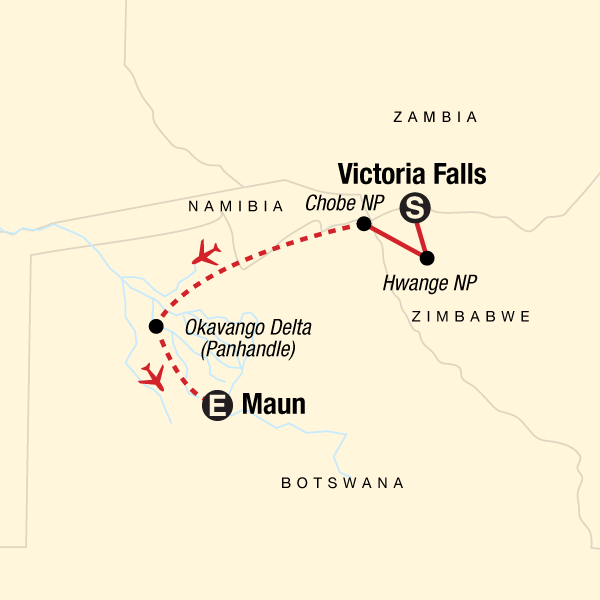 Map of the route for Journeys: Botswana & Zimbabwe Safari