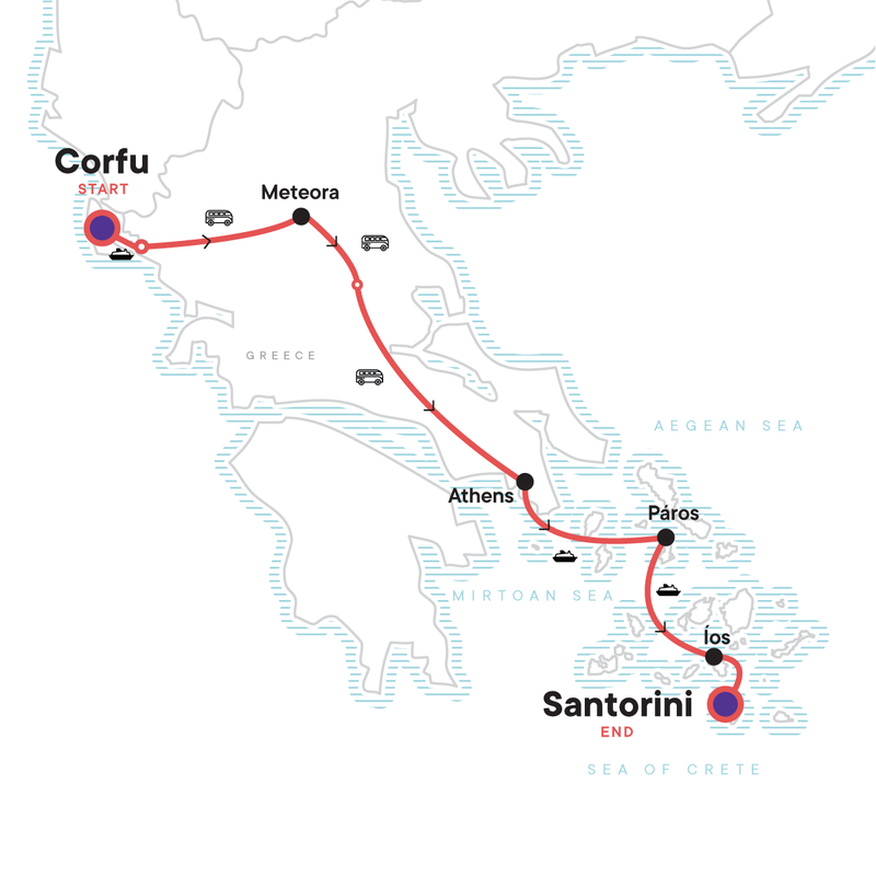 Map of the route for Corfu to Santorini: Beach Days & Jaw-Dropping Views